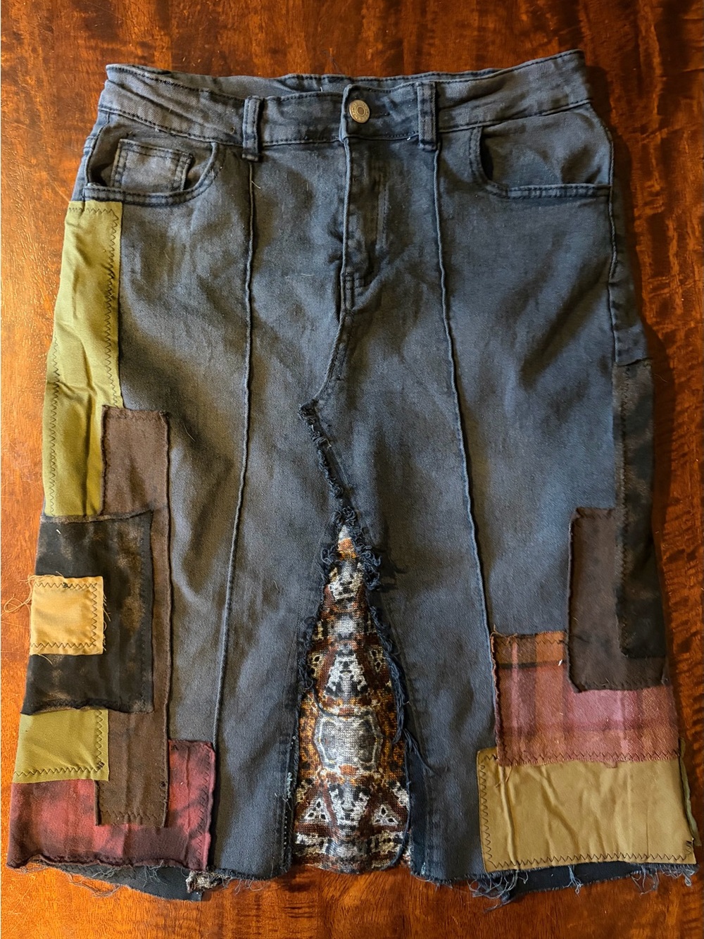 Upcycled Patchwork Distressed Faded Black Denim Knee Length Shirt Women’s Sz Med